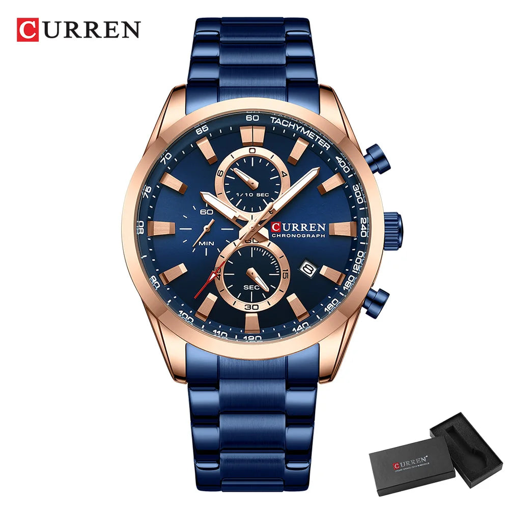 CURREN Quartz Chrono Sport Watch Brands for Men - Stainless Steel Bracelet and Multifunctional Dial