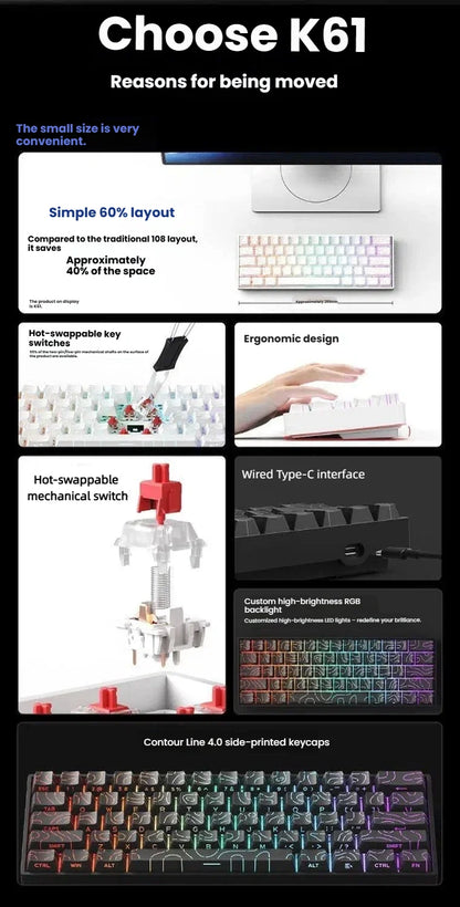 K61 Wired Portable Mechanical Keyboard, Phantom RGB Colorful, Gaming-grade Response, Ergonomic Design, Gaming Office Usable