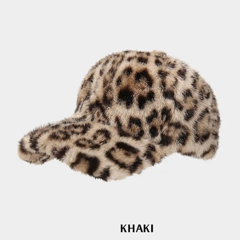 Casquette de baseball imprimé léopard pour femme, en fausse fourrure douillette, chaude pour l'hiver, casquette vintage d'extérieur à visière rabattable pour femme