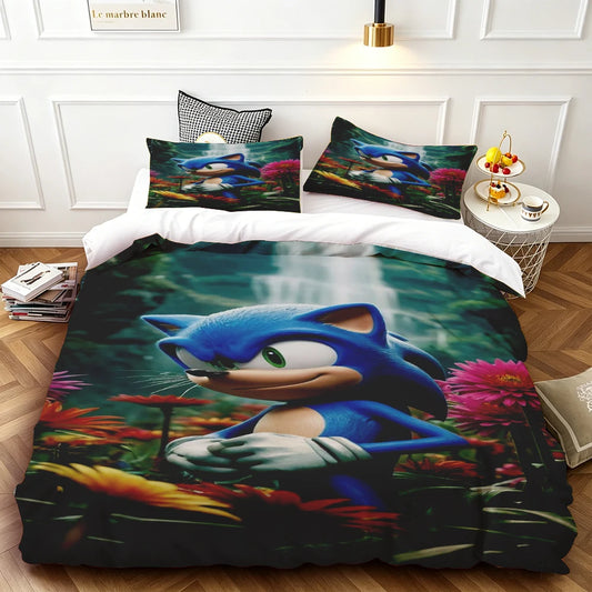 Cartoon Duvet Cover Set , Washable Cotton Bedding – S-Sonic-S The H-Hedgehog Movie Theme Student Bedroom Decor for All Seasons