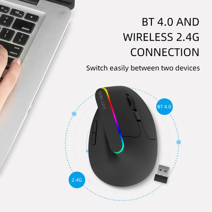 Delux  Ergonomic Vertical Mouse Rechargeable Wireless RGB Mouse Bluetooth 2.4G  4000DPI Gaming Silent Mice For Laptop PC
