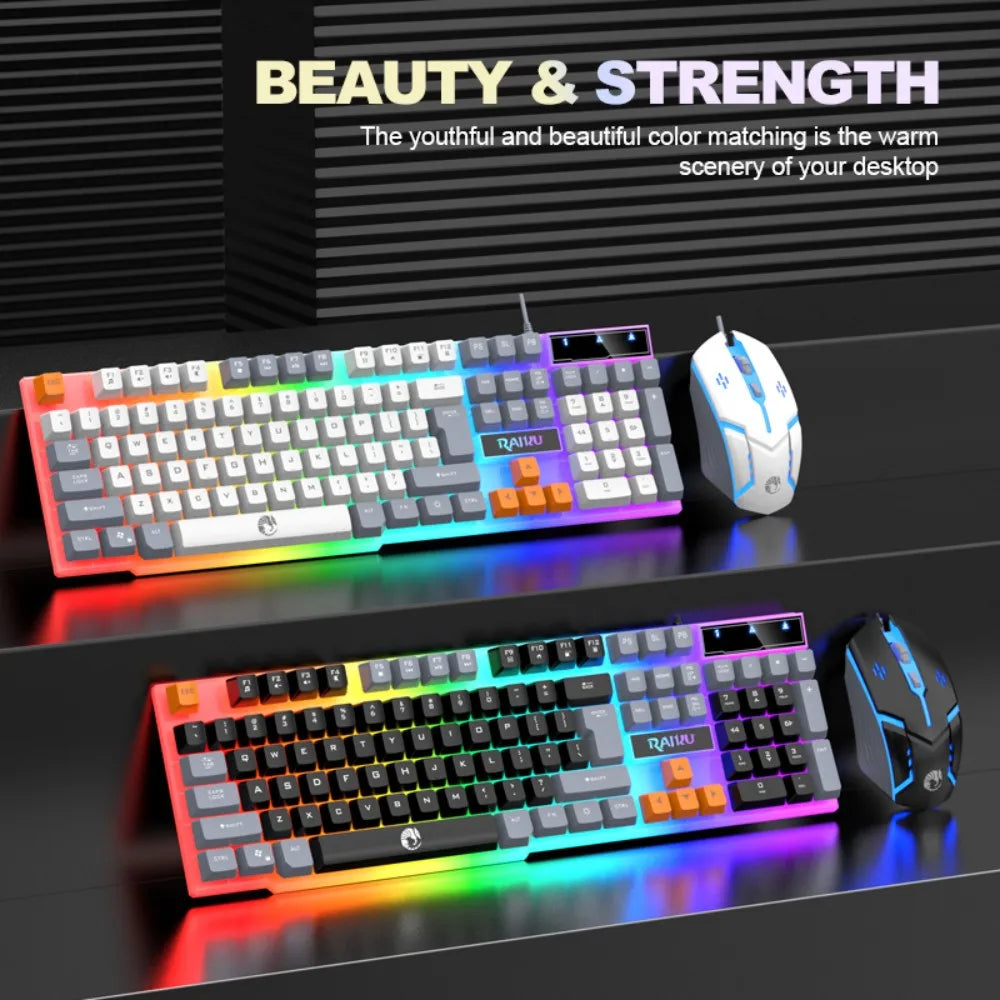 Rainbow LED Backlit Wired Gaming Keyboard And Mouse Combo with 104 Keys 3D Scroll Wheel 1600 DPI USB Interface Ergonomic PC Game