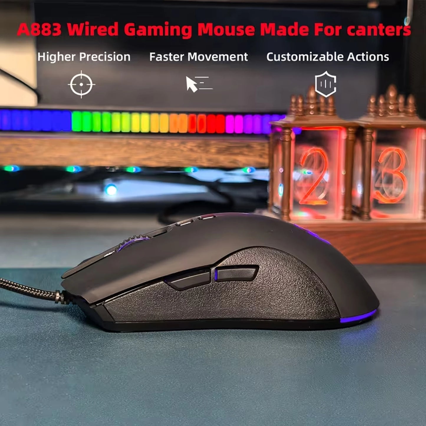 High-End Ergonomic Gaming Mouse with Anti-Slip Side Design Durable Braided Cable Breathing LED Lights USB Plug for PC