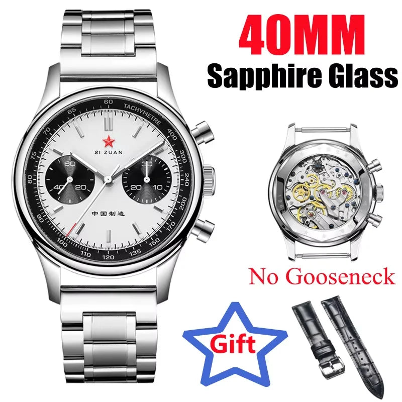 Red Star Panda Mens 1963 Chronograph Mechanical Wristwatch Seagull st1901 Movement Gooseneck 40mm Luminous Sapphire Pilot Watch