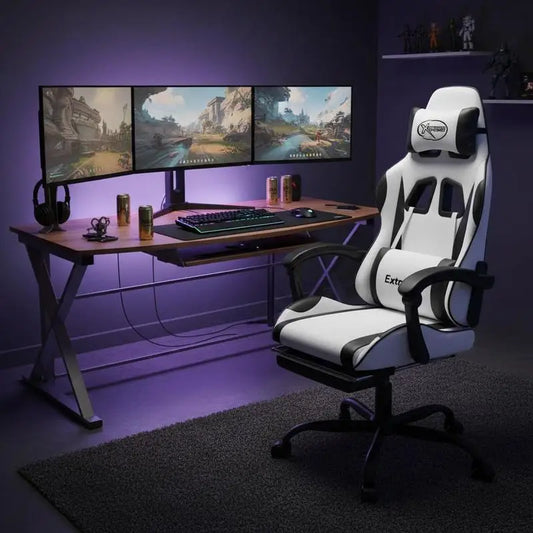 Gaming Chair with Footrest White and Black 57.5X59.5X121-131 Cm, Reclining, Swivel 360 ° Metal Structure, Load Capacity 110 kg