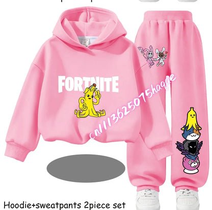 Fortnite Kinder-Set für Frühling und Herbst: langärmliges Kapuzen-Sweatshirt und Hose mit Gaming-Cartoon-Print für Jungen