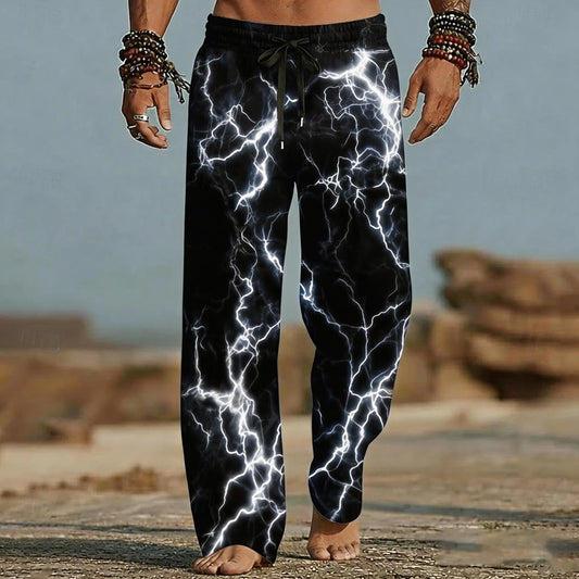 Men's Beach Pants Lightning Pattern 3D Print  Wide Leg Elastic Waist Drawstring Casual Summer Vacation Loose Breathable Trousers