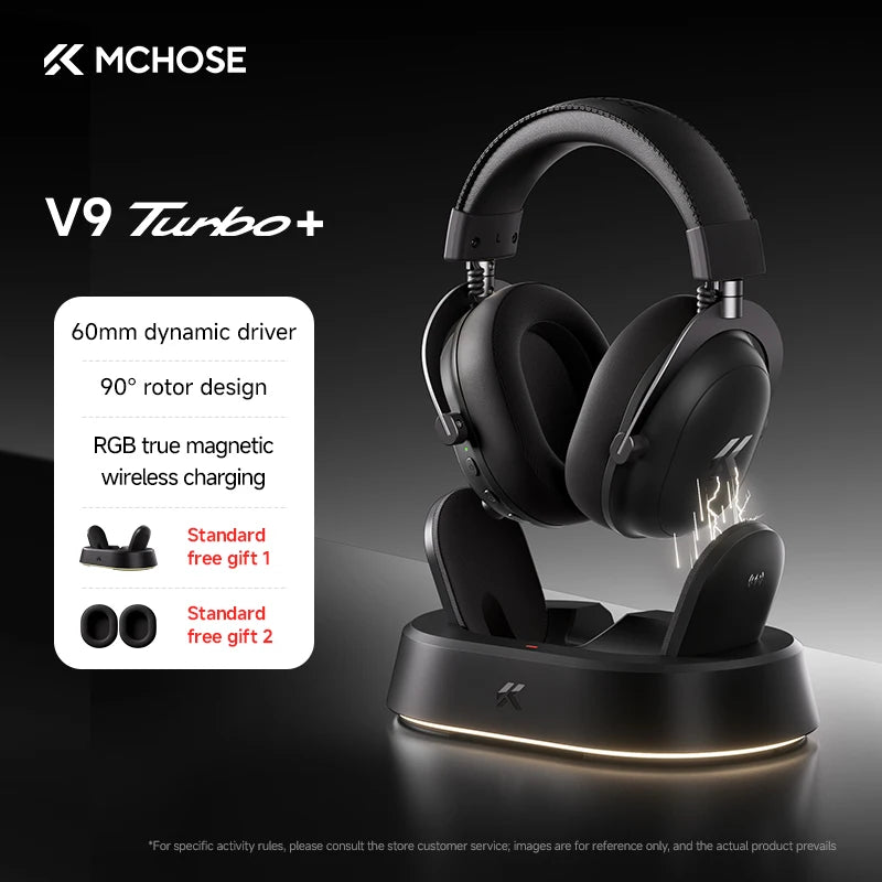 Auscultadores Gaming Sem Fios MCHOSE V9 Turbo 7.1 Surround Sound RGB para Esports com Drivers de 60mm, Microfone com Cancelamento de Ruído e Base de Carregamento