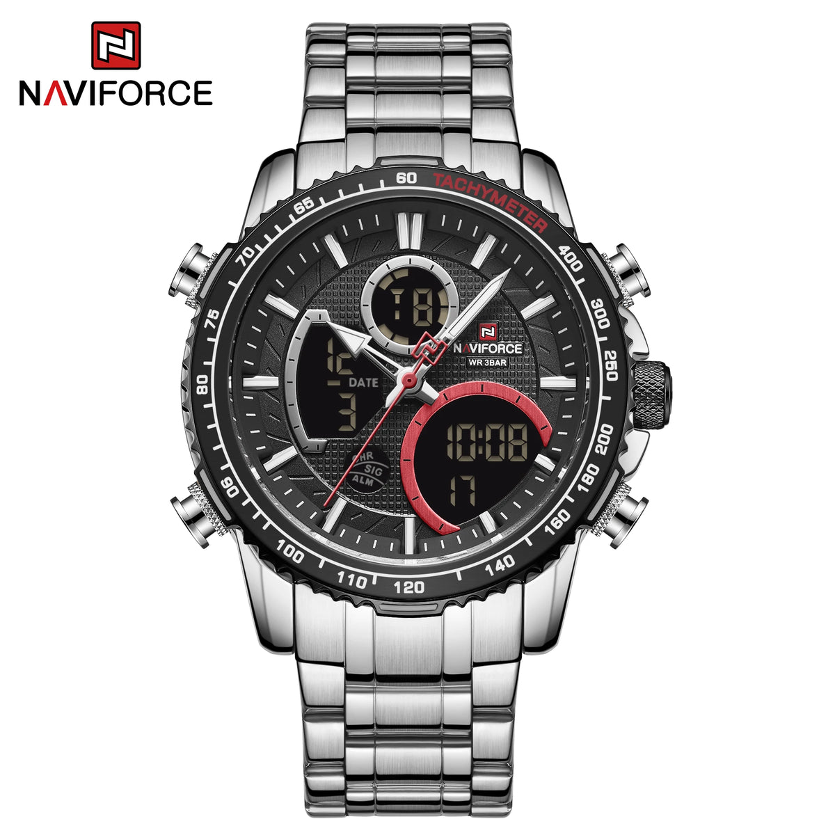 NAVIFORCE sportklocka för män – Original lyxig armbandsur i rostfritt stål, vattentät militärmodell med dubbla displayer