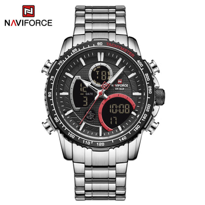 NAVIFORCE sportklocka för män – Original lyxig armbandsur i rostfritt stål, vattentät militärmodell med dubbla displayer