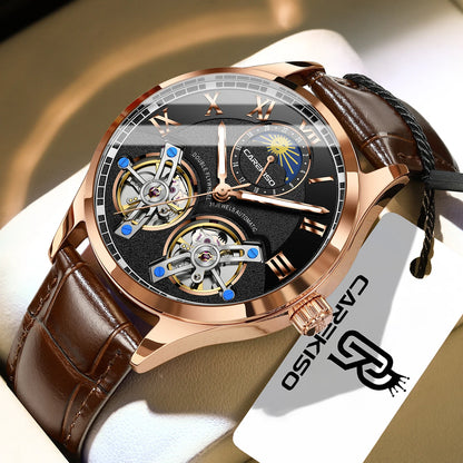 CAREKISO Fashion Men Clock Double Hollow Tourbillon Automatic Mechanical Man Watch Waterproof Luminous Leather Men's Watches+Box