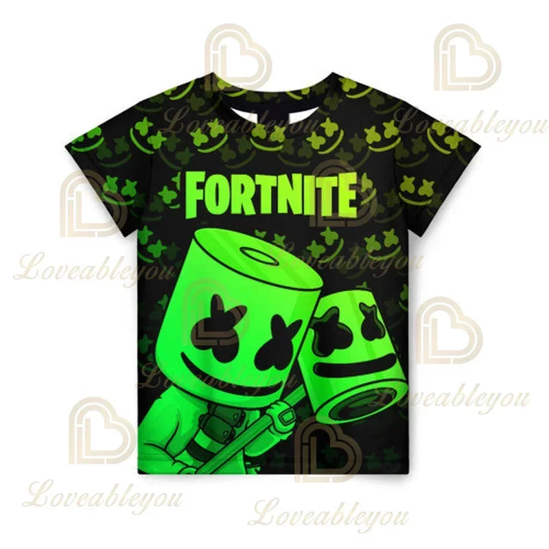 Fortnite T-Shirt für Erwachsene und Kinder, 3D-Digitaldruck, lockere Passform, große Größen, kurzärmeliges Sommer-Tee für Kinder