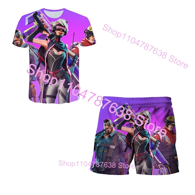 2PCS Suits F-Fortnite Victory 3D T-shirt Shorts Kids Tops Girls Boys Battle Royale Clothes Harajuku Tees Hero Children T-Shirt