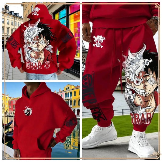 One Piece Luffy Gear 5 Hoodie Pants Set Red Cotton Tracksuit with Character Print on Hoodie Front Pant Side Loose Fit Two Piece