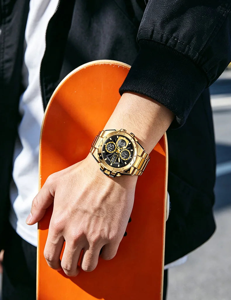 Montre pour homme SMAEL 8160 – Modèle sport militaire, analogique et numérique, en acier inoxydable – Étanche, avec affichage LED, alarme, chronographe et chronomètre