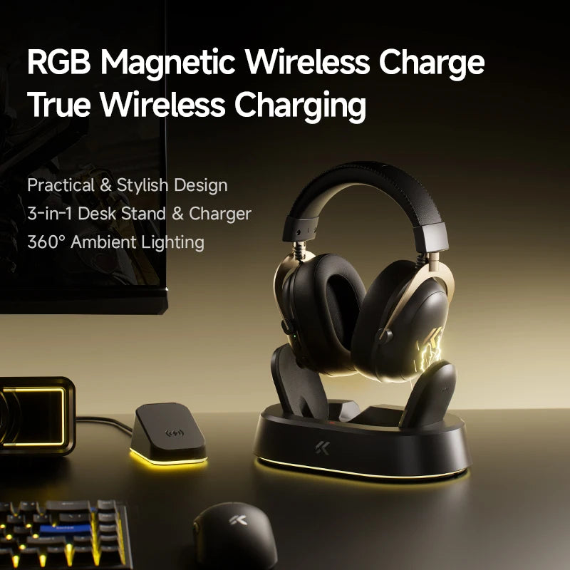 Auscultadores Gaming Sem Fios MCHOSE V9 Turbo 7.1 Surround Sound RGB para Esports com Drivers de 60mm, Microfone com Cancelamento de Ruído e Base de Carregamento