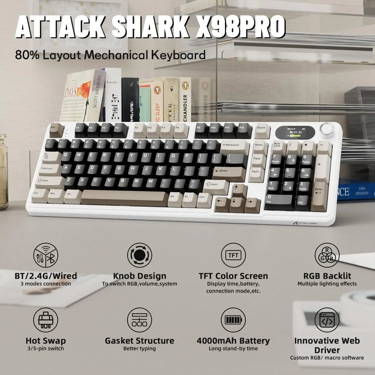 ATTACK SHARK X98Pro Wireless Mechanical Keyboard with Screen & Knob, Tri-mode Gasket Hot Swappable RGB  Keyboard, Web Driver