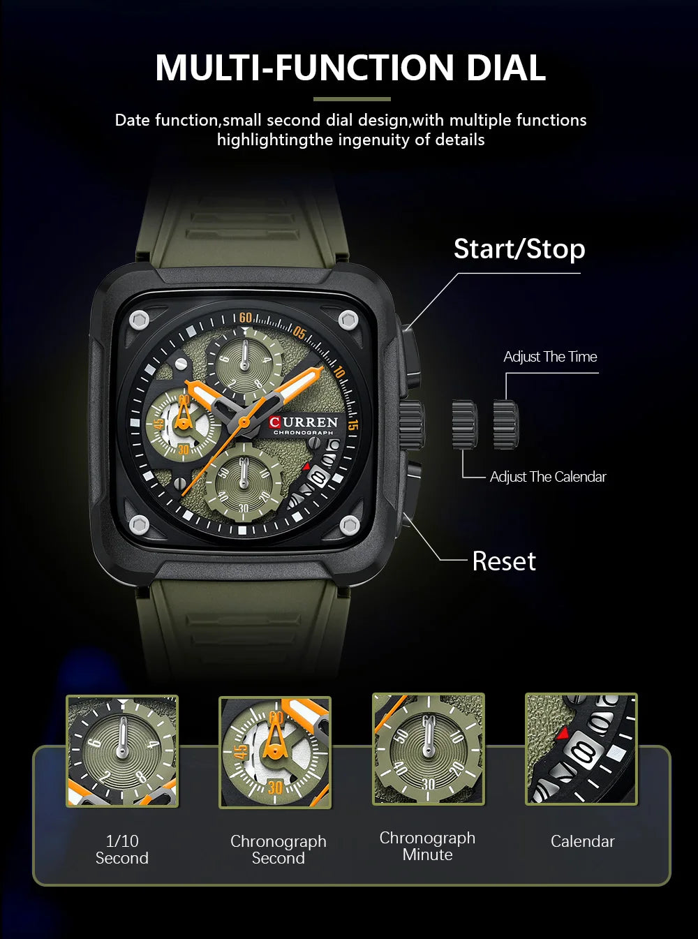 Top Brand CURREN Men's Watches Luxury Square Quartz Wrist Watch Original Waterproof Luminous Chronograph Watch for Men Relogio