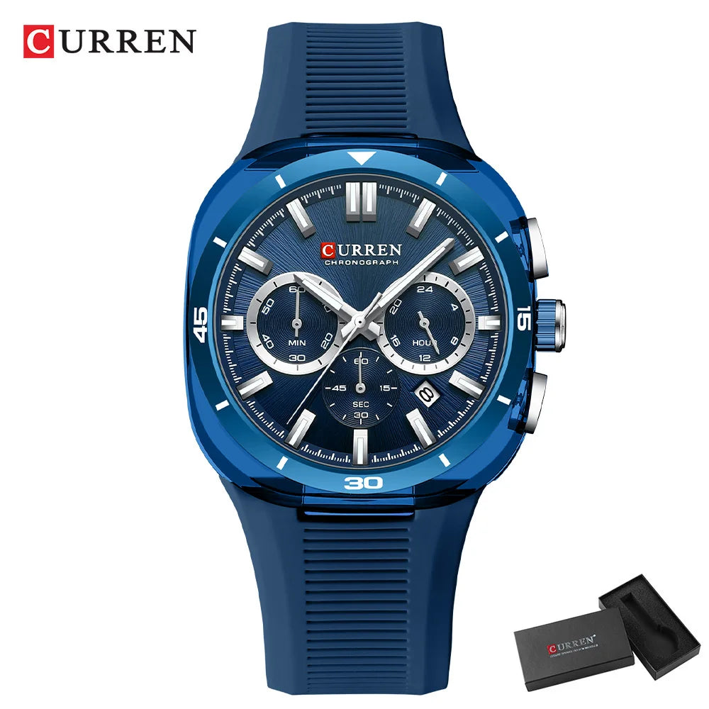 Ceas pentru bărbați CURREN – Nou model de lux cu mecanism cu cuarț, brățară din silicon, stil sportiv, multifuncțional, rezistent la apă, luminat, cu afișaj al datei și cronometru.