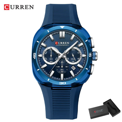 Ceas pentru bărbați CURREN – Nou model de lux cu mecanism cu cuarț, brățară din silicon, stil sportiv, multifuncțional, rezistent la apă, luminat, cu afișaj al datei și cronometru.