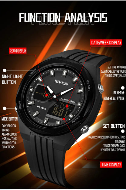 Fashion SANDA 6267 Men's Electronic Watch Multifunctional Operation Night light waterproof Dual Display Student Electronic Watch