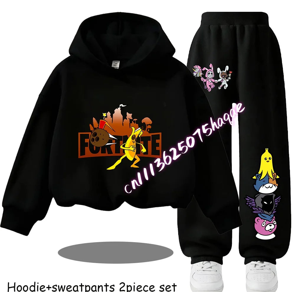 Fortnite Kinder-Set für Frühling und Herbst: langärmliges Kapuzen-Sweatshirt und Hose mit Gaming-Cartoon-Print für Jungen
