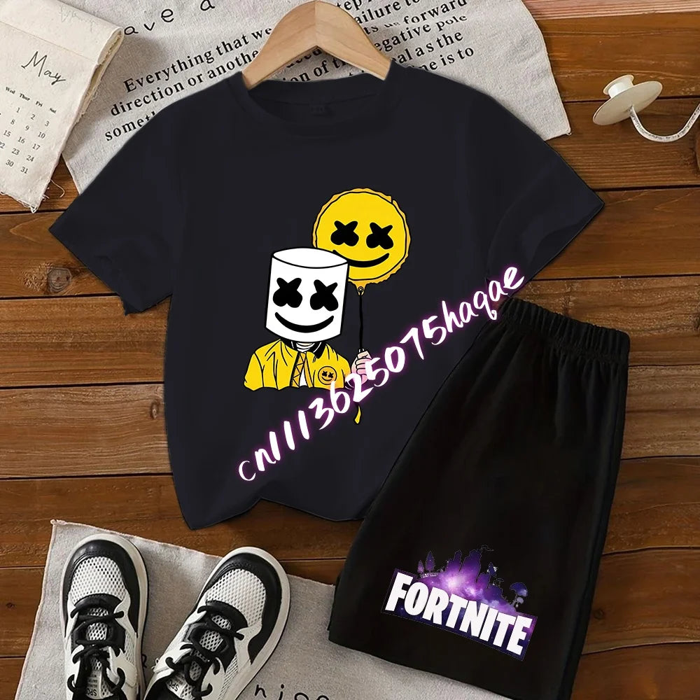 Completo estivo Fortnite con T-shirt e shorts per bambini e bambine, set 2 pezzi, abbigliamento bambino con top, T-shirt e pantaloncini, stampa Fortress Night, idea regalo