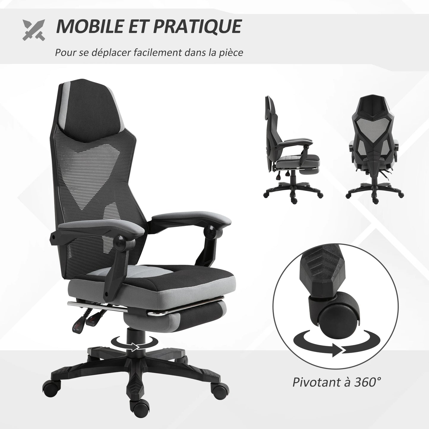 Office chair, gaming armchair, height adjustable, backrest, swivel, casters, footrest, mesh gaming chair, multi-purpose chair