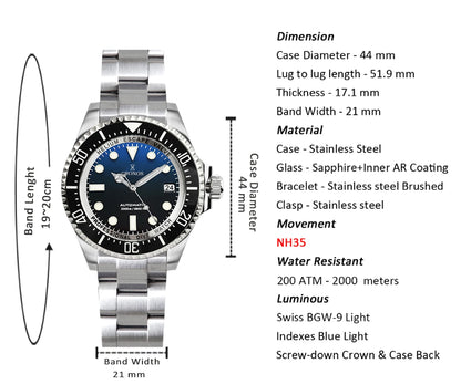 Cronos Automatic Diving Watch Stainless Steel 2000 Meters Water Resistance Professional Diver NH35 L6009M