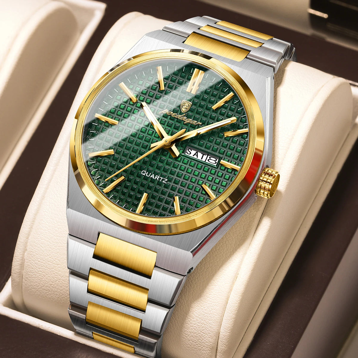POEDAGAR luxury men’s wristwatch, water-resistant, luminous, stainless steel, with date and day of the week, quartz movement, business style.