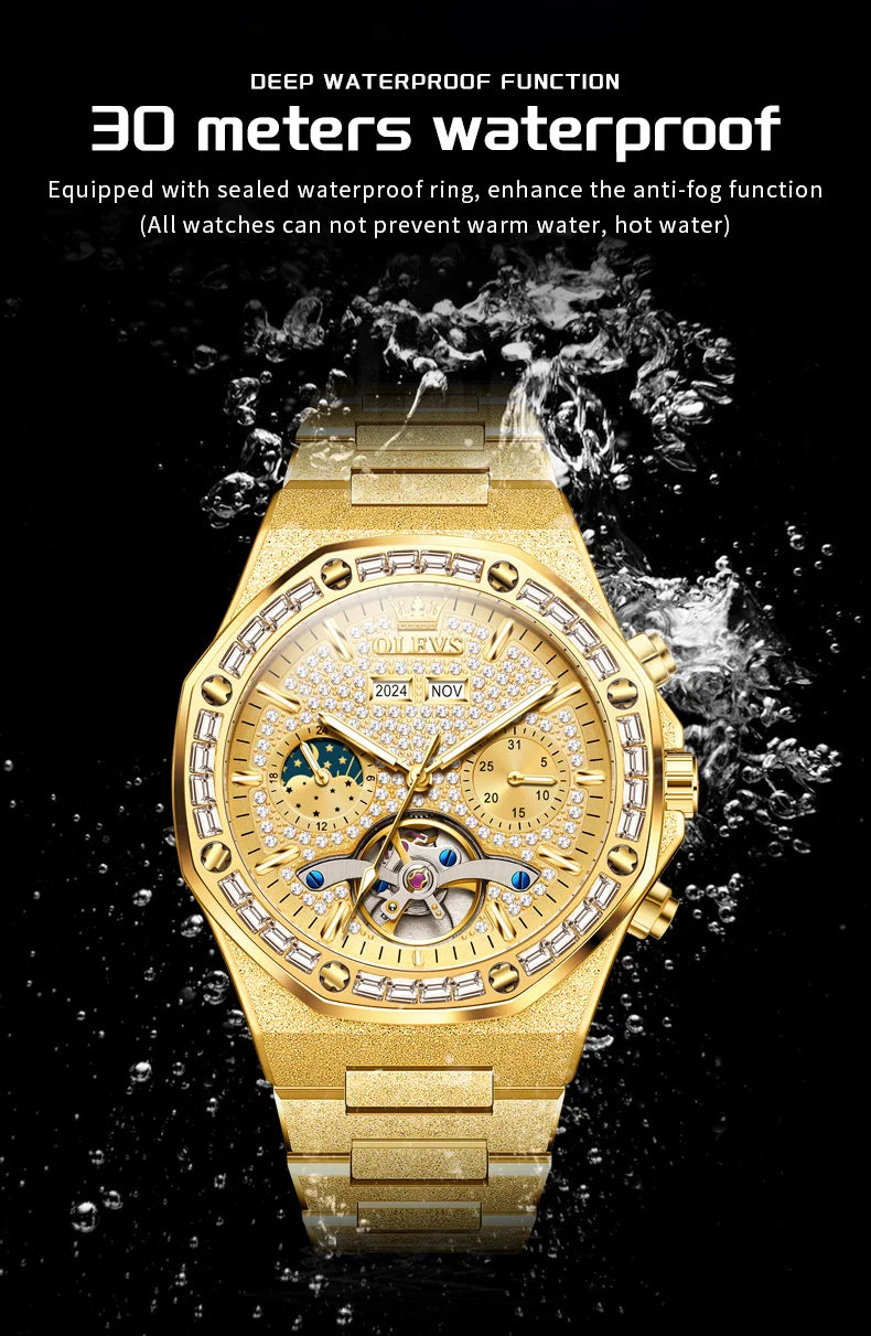 OLEVS Gold Steel Men's Watches Top Brand Automatic Mechanical Luxury Watch Sport Waterproof Tourbillon Wrist Watch Reloj Hombre