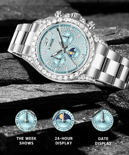 X-GEAR Men's Watch Automatic Mechanical with Diamond Dial Luminous Moon Phase Water-Resistant