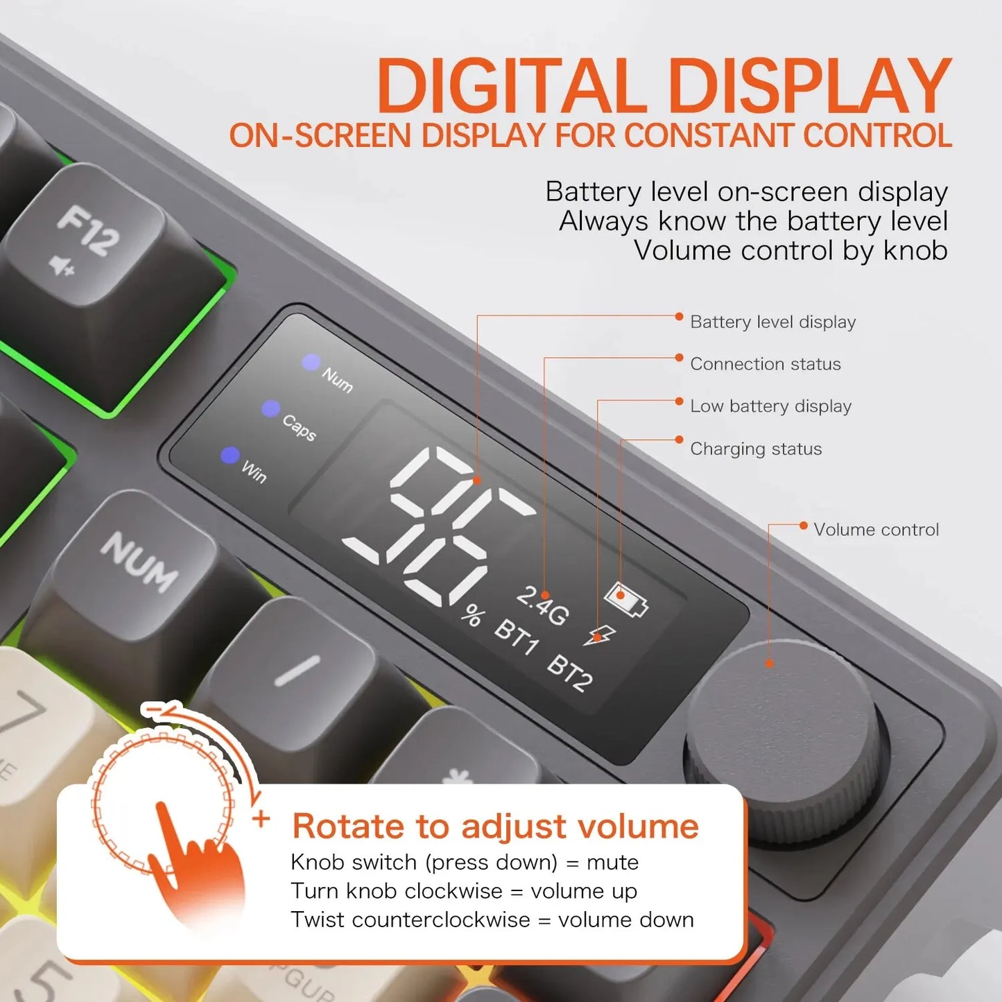 FreeWolf M96 Wireless Keyboard with Screen,Gaming Keyboard Bluetooth Dual-Mode Connection,Multi-Device Linking,Ergonomic