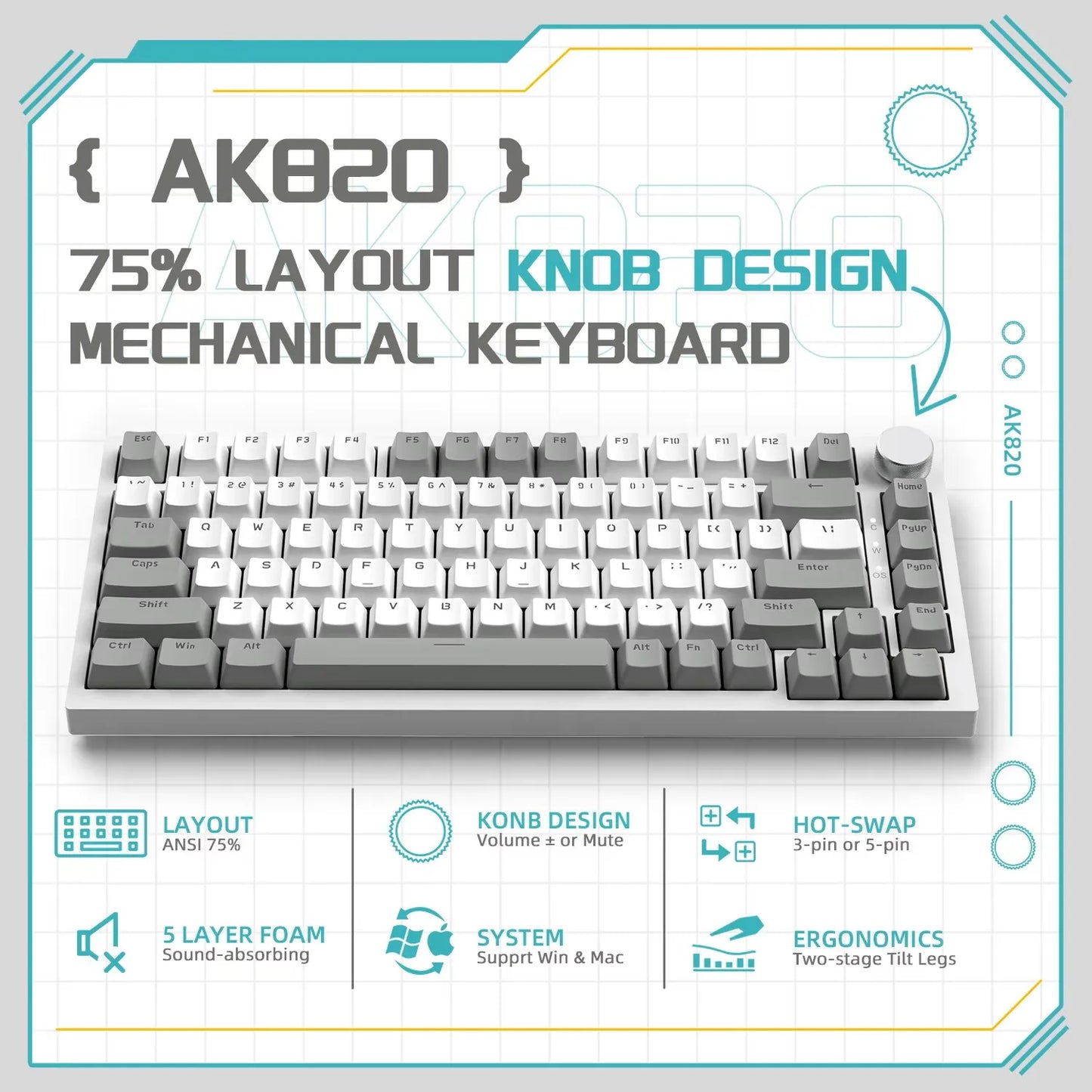 AK820 Wired Full-Key Hot-Swap Keyboard Removable USB Port White/Ice Blue Backlight Premium Sense Colorway