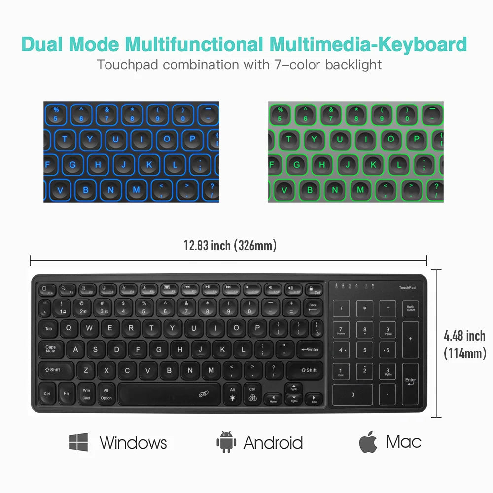 Backlit 7-Colors Bluetooth Keyboard with Touchpad 2.4G Wireless Multimedia Rechargable Keyboard for Laptop PC Tablet