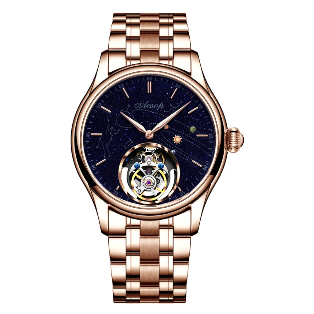 AESOP Mens Mechanical Wristwatches Flying Tourbillon Movement Skeleton Watch for Men Man Luxury Clocks Real Tourbillon Watch