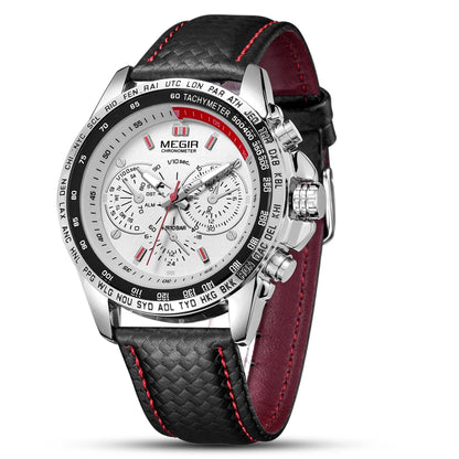 MEGIR analoog quartz-polshorloge voor heren – Waterdicht luxehorloge met leren band, casual stijl, model 1010 (zwart)