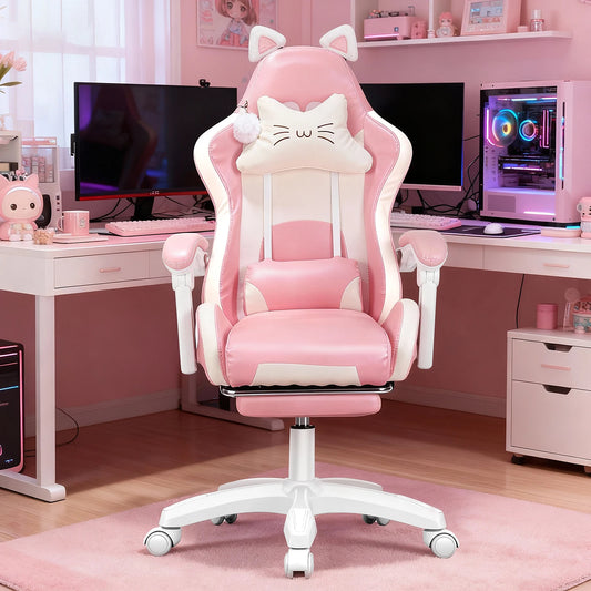 Gaming Chair with Cat Ears, Computer Armchair with Footrest and Lumbar Support, Height Adjustable Game Chair, 360°-Swivel Seat
