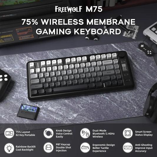 ATTACK SHARK M75 Wireless Membrane Gaming Keyboard with Knob&OLED Display Bluetooth/2.4Ghz Rainbow Backlit Gradient PBT Keycaps