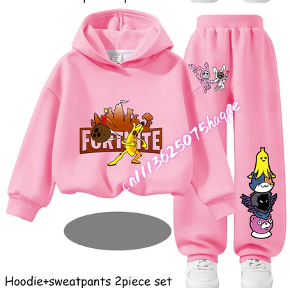 Fortnite Kinder-Set für Frühling und Herbst: langärmliges Kapuzen-Sweatshirt und Hose mit Gaming-Cartoon-Print für Jungen