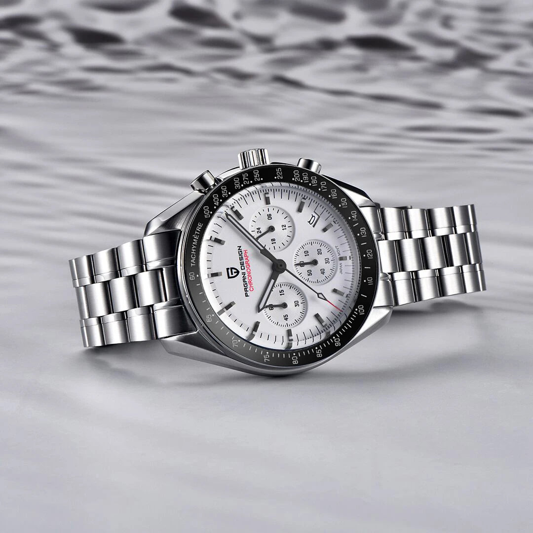 Montre pour homme PAGANI DESIGN (nouveau modèle V5 PD1701) – Chronographe sportif de type « Speed » à quartz, verre saphir avec traitement antireflet, étanche jusqu'à 100 mètres.