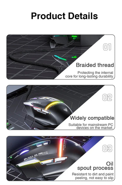 AULA S12Pro Wired Mechanical Mouse 1000HZ 12800DPI RGB Low Latency Macro Defines Esports Gaming Mouse PC Gamer Accessories