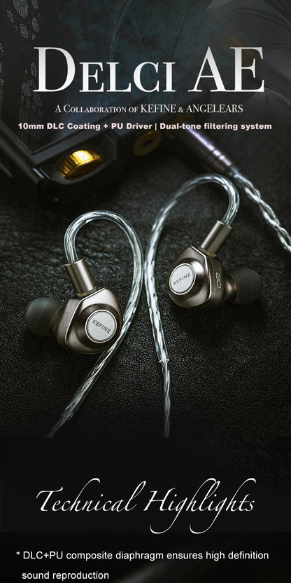 Kefine X ANGELEARS Delci AE 10mm DLC+PU Diaphragm Dynamic Driver IEMs Hi-Fi I n-ear Earphone with Two Tuning Style