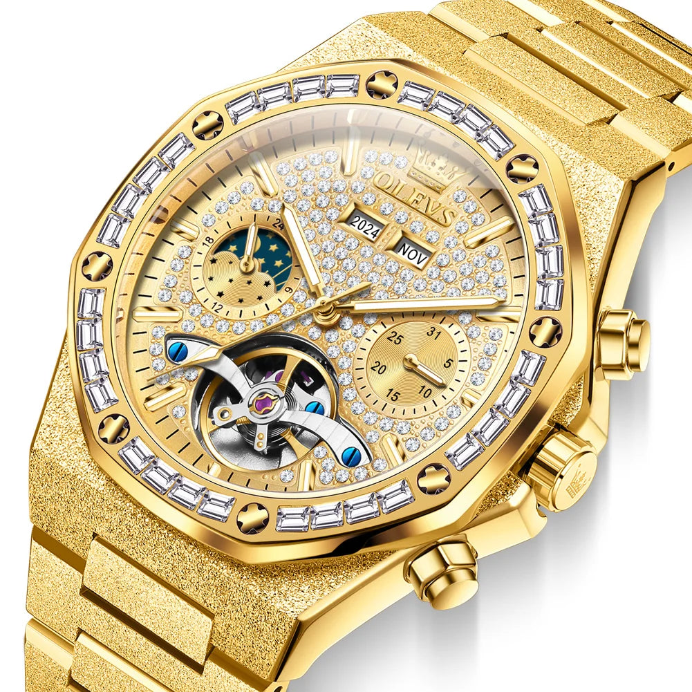 OLEVS Gold Steel Men's Watches Top Brand Automatic Mechanical Luxury Watch Sport Waterproof Tourbillon Wrist Watch Reloj Hombre
