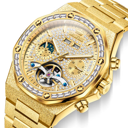 OLEVS Gold Steel Men's Watches Top Brand Automatic Mechanical Luxury Watch Sport Waterproof Tourbillon Wrist Watch Reloj Hombre