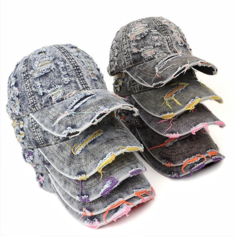 Vintage Washed Distressed Denim Colorful Baseball Cap for Men Women, Fashion Two-Tone Ripped Sun Protection Visor Hat Trendy