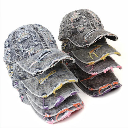 Vintage Washed Distressed Denim Colorful Baseball Cap for Men Women, Fashion Two-Tone Ripped Sun Protection Visor Hat Trendy