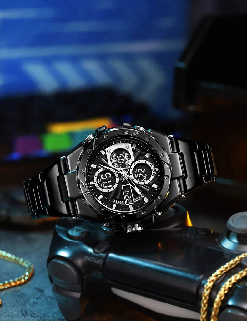 Montre pour homme SMAEL 8160 – Modèle sport militaire, analogique et numérique, en acier inoxydable – Étanche, avec affichage LED, alarme, chronographe et chronomètre