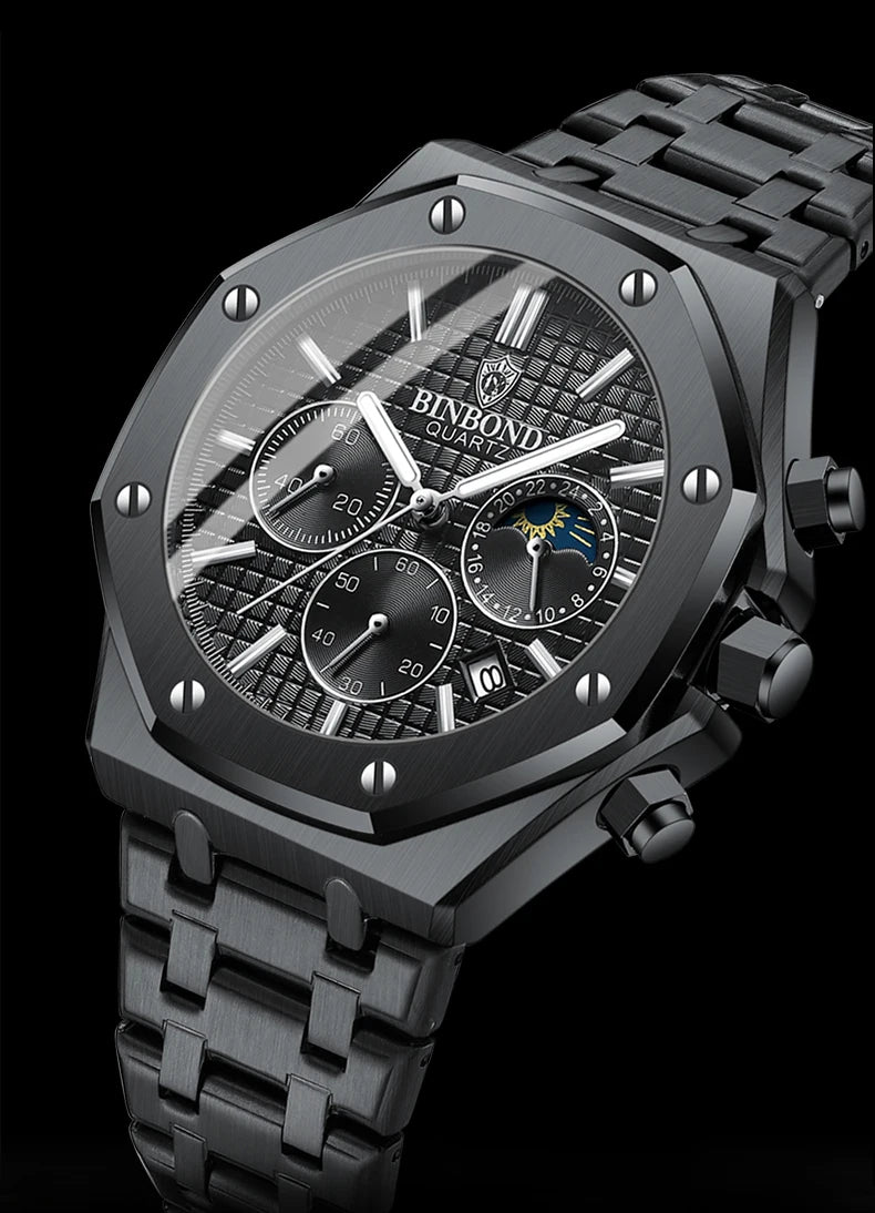 BINBONG B0161 Top Brand Man Business Quartz Watch Chronograph Wristwatch Stainless Steel Strap 30M Waterproof Luxury Men Watch