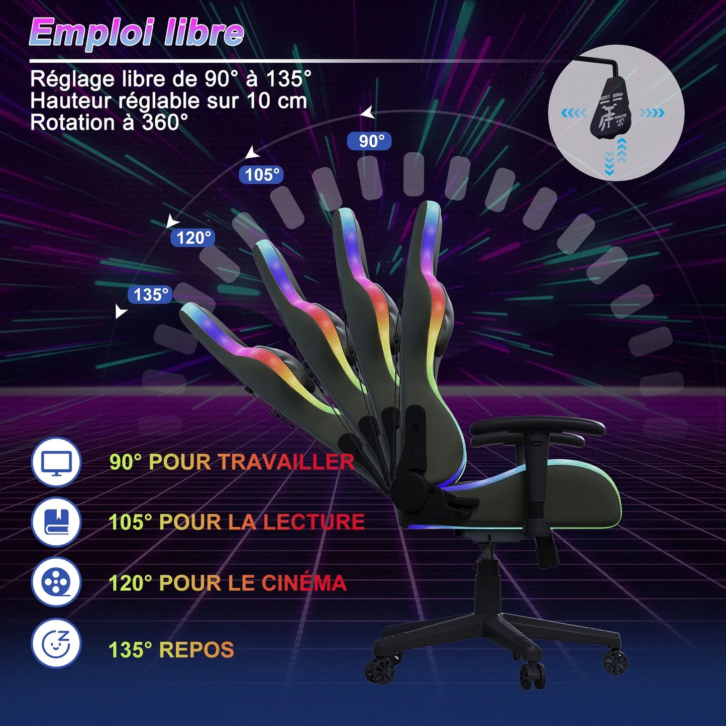 Rosahqnda LED gaming chair with ergonomically adjustable backrest, PU leather office chair, lumbar support cushion & pillow
